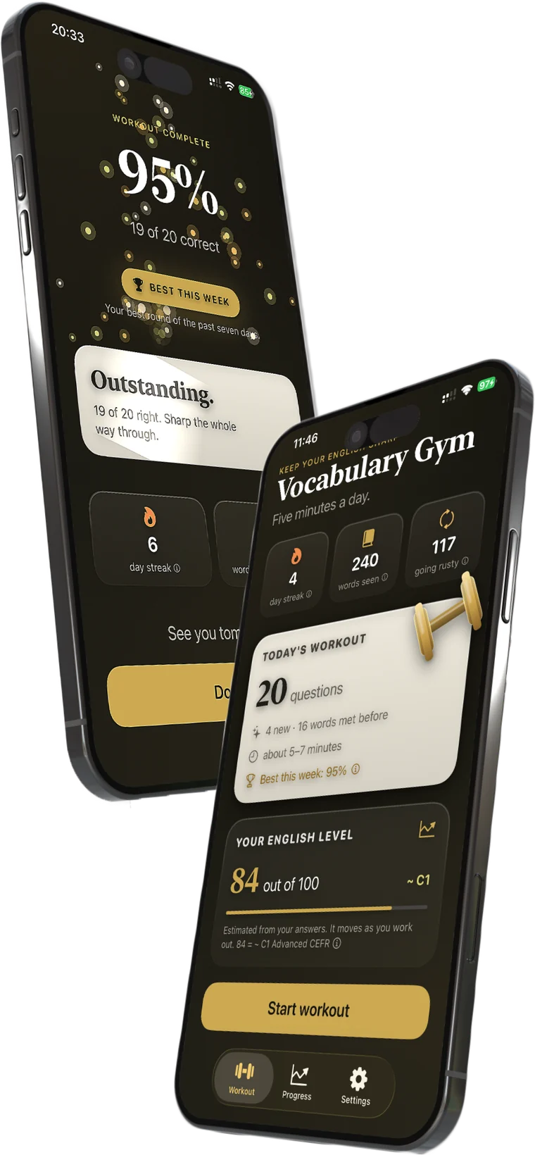 Vocabulary Gym on two iPhones: the home screen with today's workout and a level of 84 out of 100, and a finished workout scoring 95 percent.