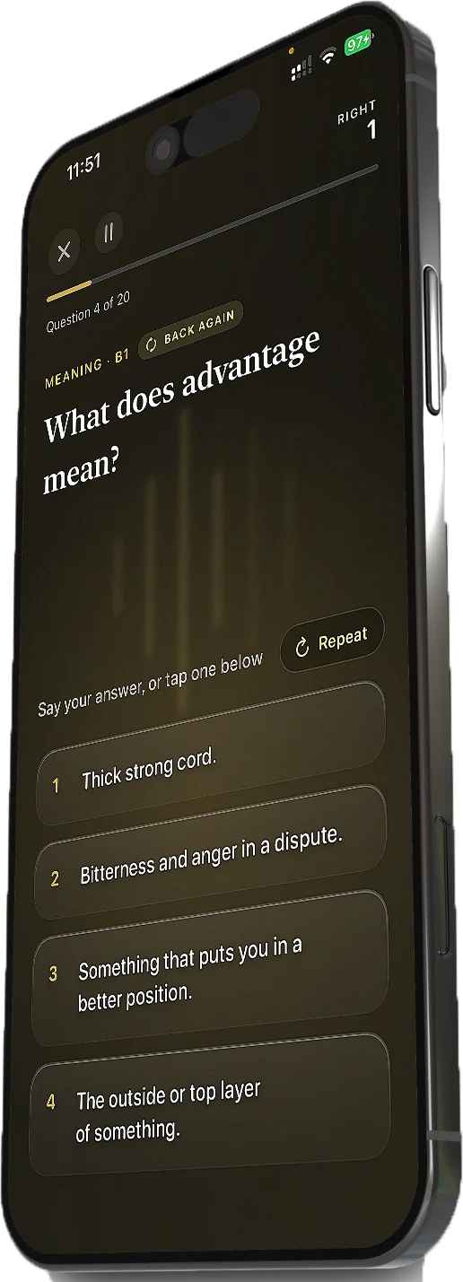 A question in Vocabulary Gym: what does advantage mean, with four numbered answers and a Repeat button.